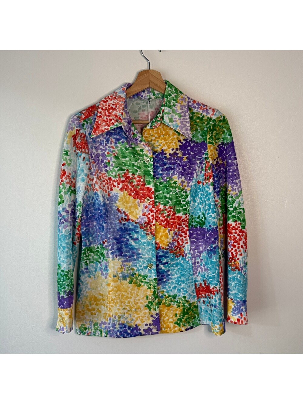 VTG 70s Colorful Vibrant Pointillist Dot Pattern Long Sleeve Button Down Shirt